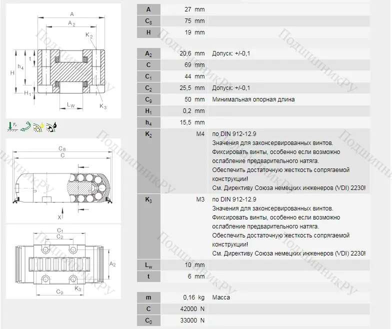 Роликовая линейная опора качения RUS 19069-GR 3/-10-15 (INA)