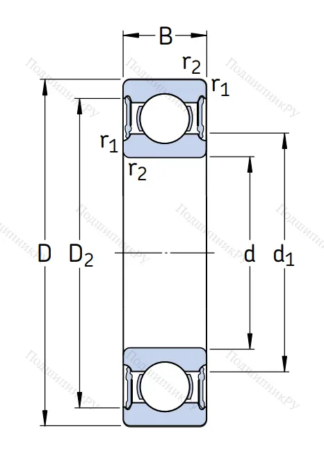 Однорядный шариковый подшипник 62306 2RS 1